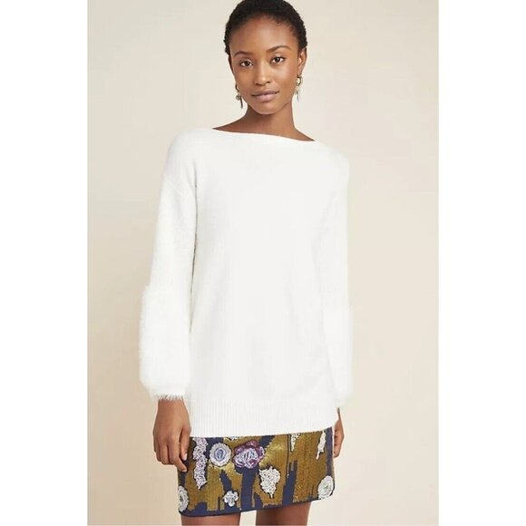 ANTHROPOLOGIE | M | Colma Tunic White Balloon Sleeve Soft Knit Sweater - Picture 4 of 14